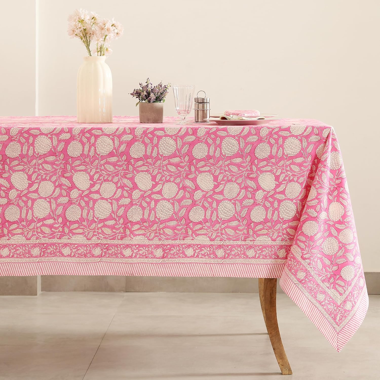 Labhanshi Indian Handblock Print Pre-Washed Cotton Floral 60x90 Inch Rectangle 6-Seater Tablecloth|Rustic Farmhouse Decorative Party Event Wedding Spring Easter Festive Holiday Decor|Hot Pink