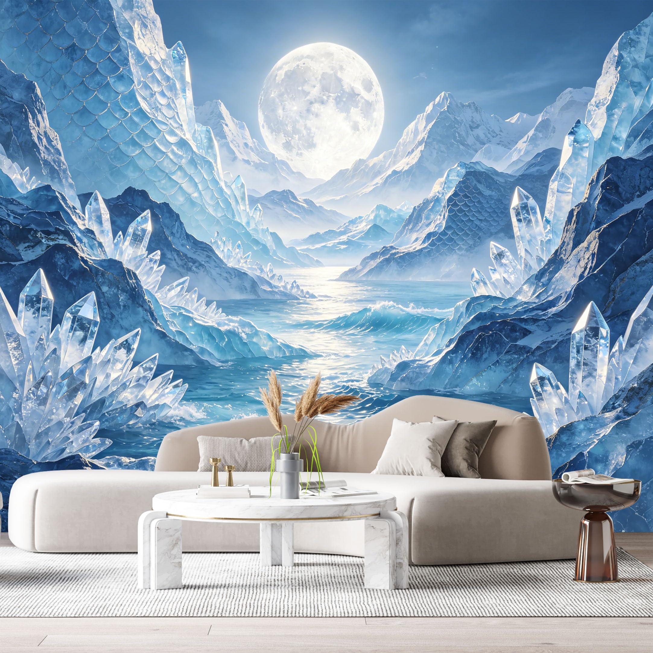 Custom Size Wall Murals Snowy Mountain Lake Landscape 3D Crystal Ice Peaks Full Moon Ocean Waves SelfAdhesive Wall Fabric Removable Large Wallpaper for Photo Living Room