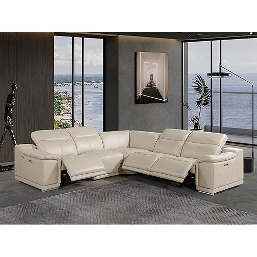 BlackJack Furniture Venice 5 Piece Top Grain Italian Leather Sectional Sofa with 3-Power Recliners, Adjustable Headrest, Lumbar Support, USB & Wireless Charger, Large Storage, 1 Console, Beige