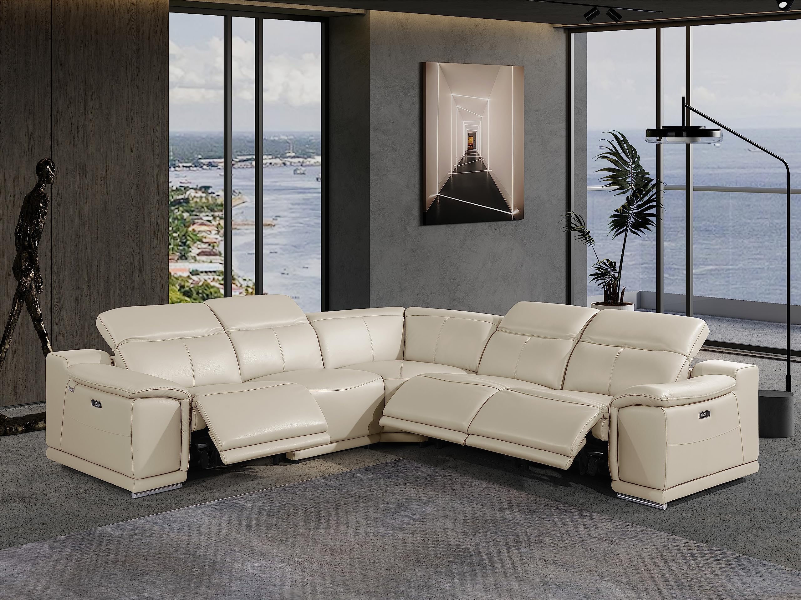 BlackJack Furniture Venice 5 Piece Top Grain Italian Leather Sectional Sofa with 3-Power Recliners, Adjustable Headrest, Lumbar Support, USB &amp; Wireless Charger, Large Storage, 1 Console, Beige