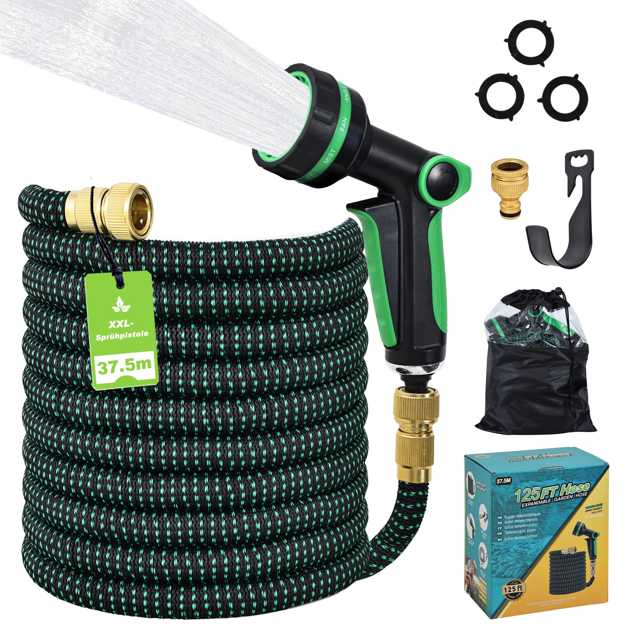 Manguera Flexible Jardín 37,5 m, Extensible x3, Pistola 10 Modos | De 12,5 a 37,5 m; TPE 2500D reforzado, pistola de 24 cm con 10 modos y conectores metálicos de 1/2" y 3/4" para jardín.