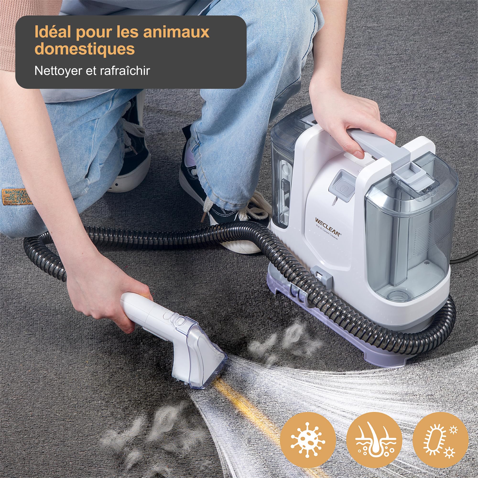WECLEAN Nettoyeur Tapis Puissant 400W, Nettoyage Profond des Tapis, Moquettes et Taches Tenaces, Blanc
