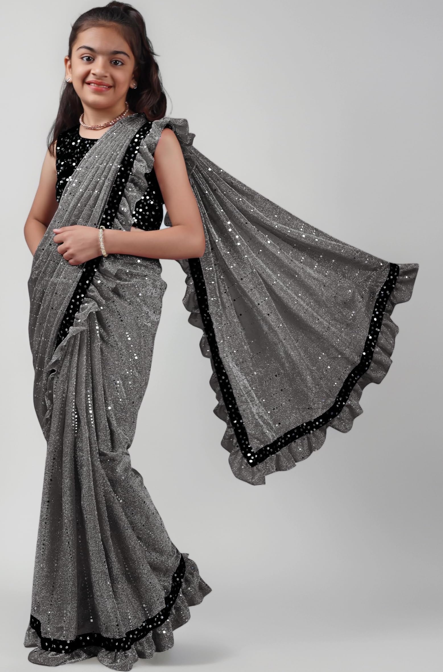 Kids Girls Lycra Blend Saree With Unstitched Sequence Blouse Piece (3-4 yrs to 11-12 yrs) (Grey, 4-5 Years - S)