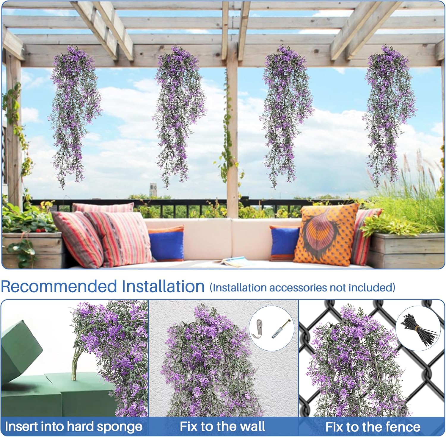 ECOOPTS 4 Pcs Artificial Branches Fake Hanging Plants Artificial Hanging Greenery Plant Fake Leaves for Wall Home Garden Indoor and Outdoor Decoration (Purple)