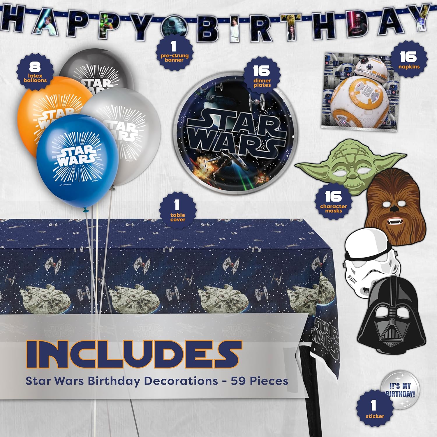 Star Wars Birthday Decorations Set | Star Wars Party Decorations | Masks, Banner, Tablecloth, Balloons, Plates, Napkins, Sticker | Officially Licensed