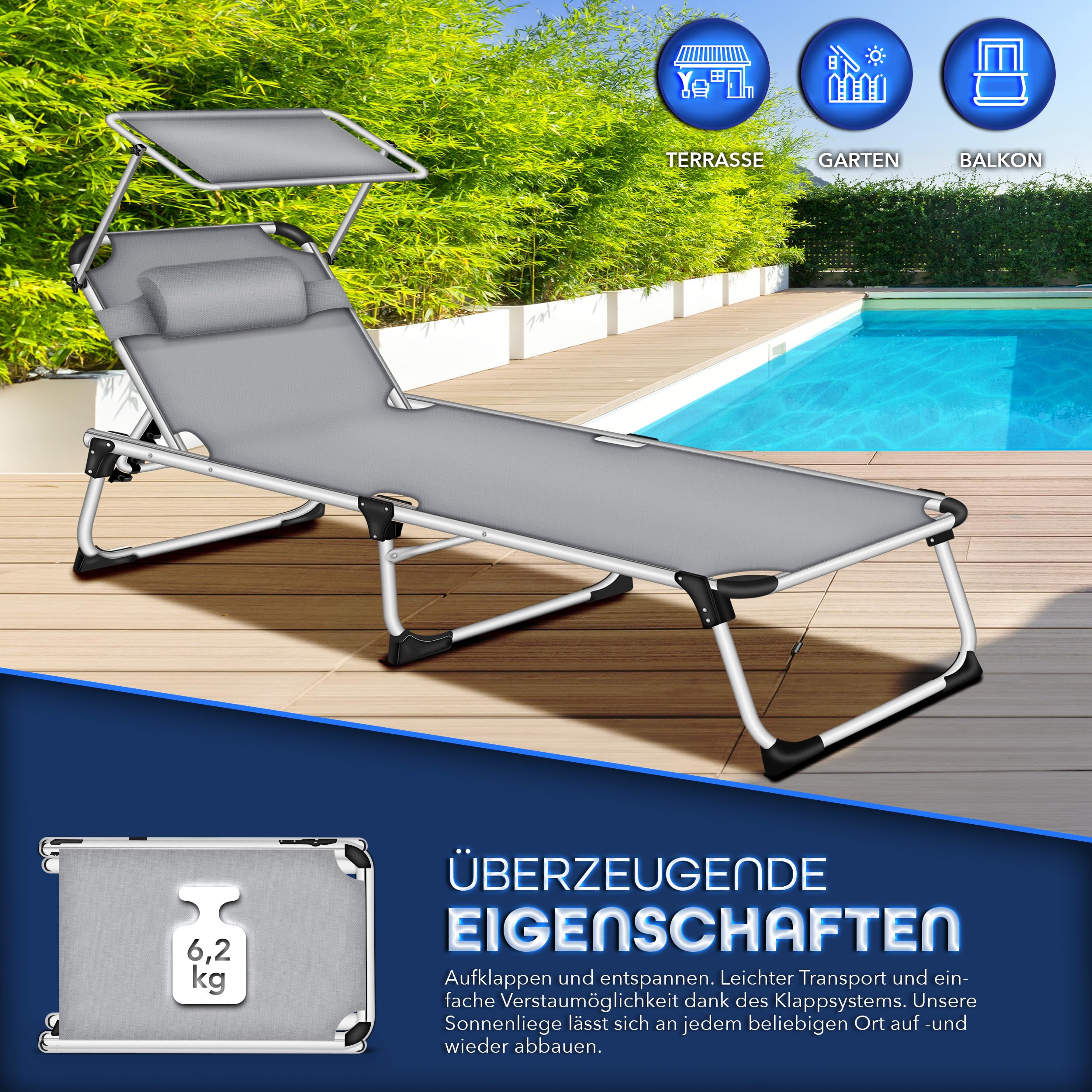 tillvex® Sonnenliege mit Dach und Kopfkissen | Gartenliege Liegestuhl klappbar | Strandliege mit Verstellbarer Rückenlehne | Aluminium Liege (Grau, Liege (Basic))