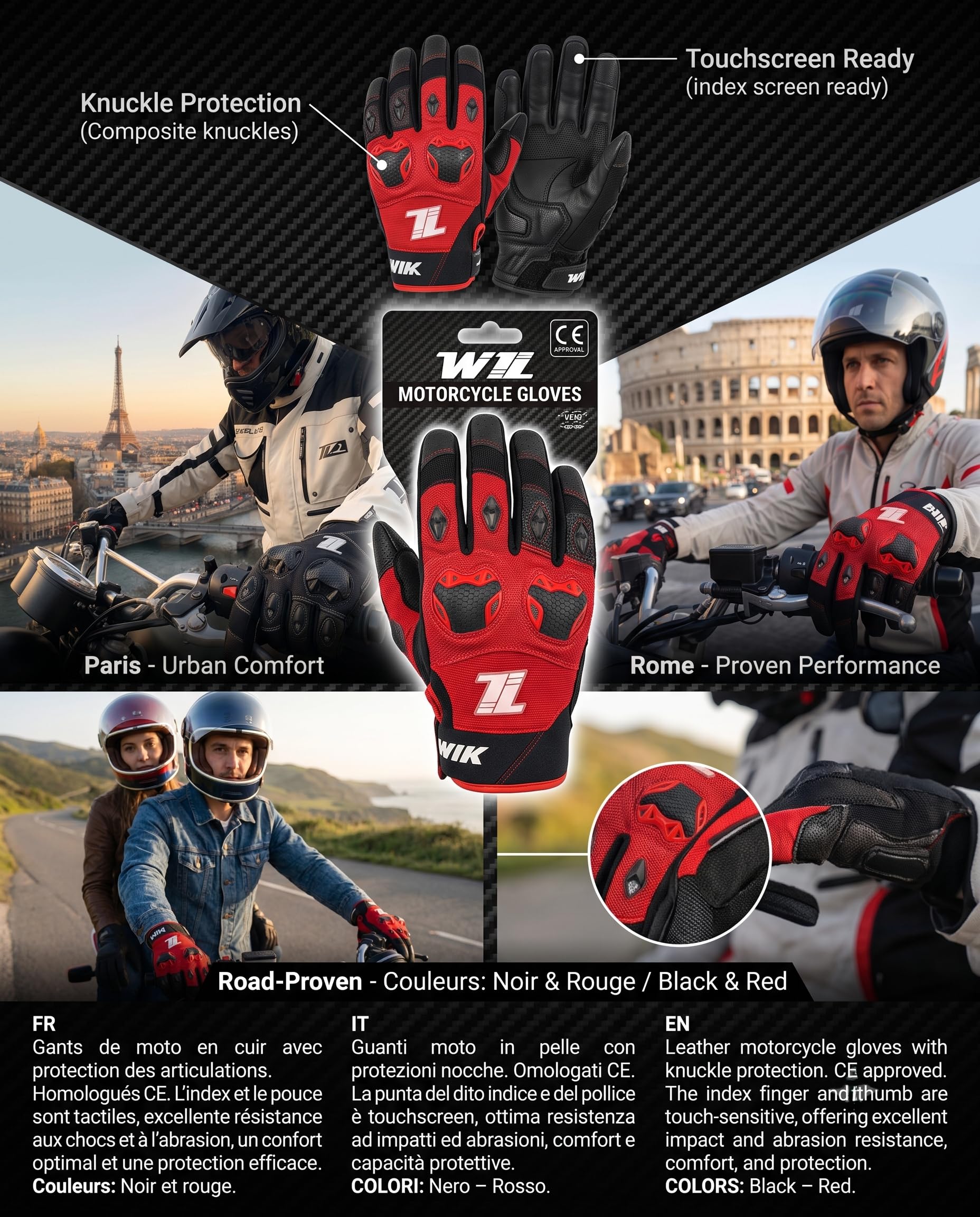 TLA WIK Rękawice motocyklowe z certyfikatem CE ze skóry i tkaniny, unisex dla mężczyzn i kobiet, dotykowe rękawice motocyklowe i skuter, oddychające, ochronne i odporne na uderzenia