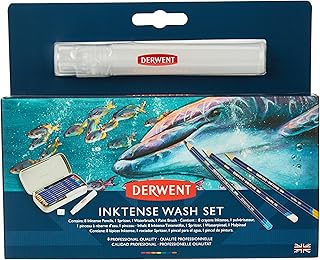 Derwent Inktense Wash Set, Set includes 8 Inktense Pencils, 1 Spritzer, 1 Waterbrush, 1 Paint Brush, Premium 4mm Round Cor...