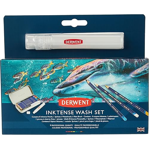 Derwent Inktense Wash Set, Set includes 8 Inktense Pencils, 1 Spritzer, 1 Waterbrush, 1 Paint Brush, Premium 4mm Round Core, Watersoluble, Use on Paper or Fabric, Professional Quality (2302584)