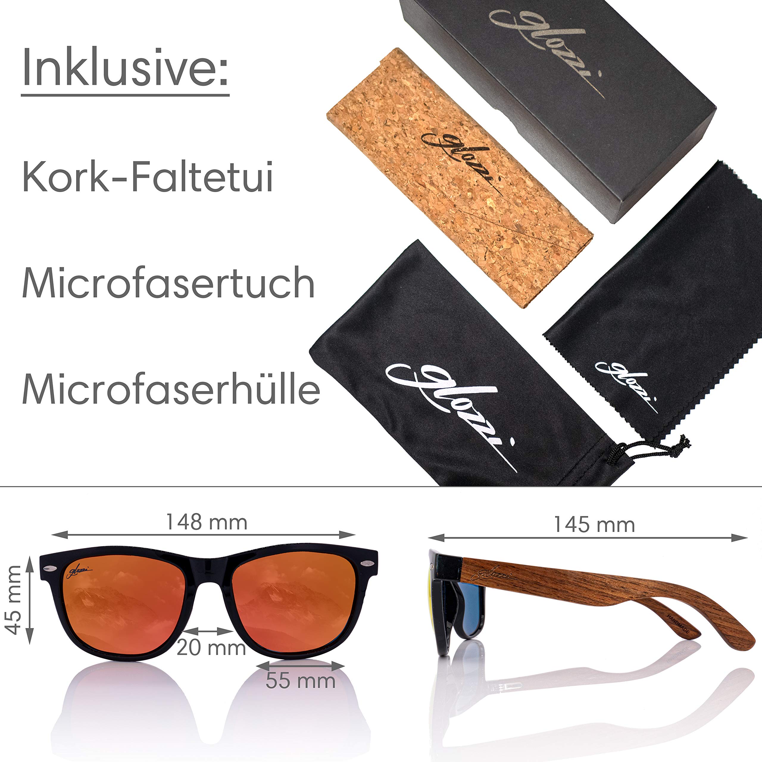 Occhiali da Sole Legno di Noce per Uomo e Donna con Lenti Polarizzate UV400 Aste in Legno e Custodia in Sughero