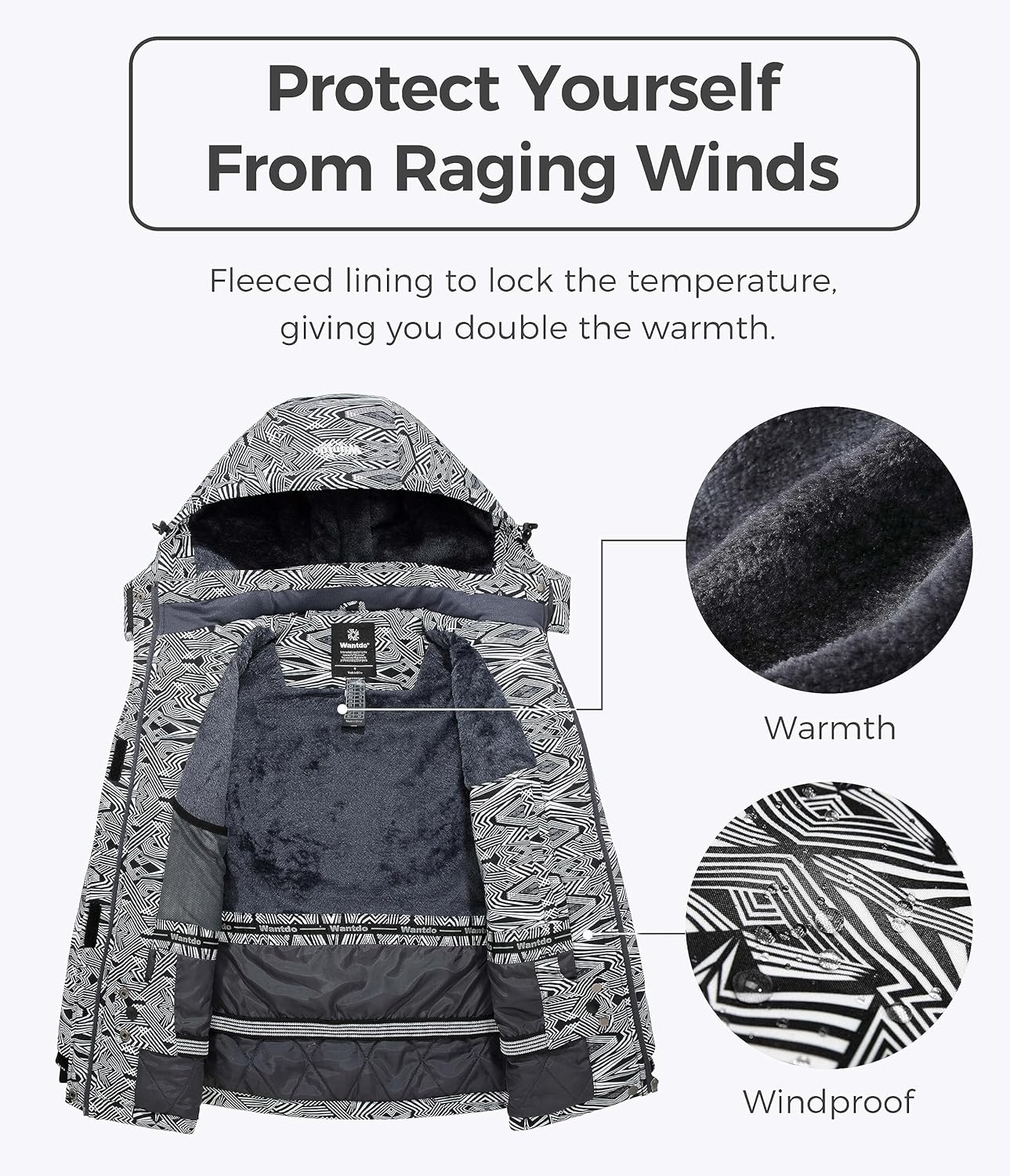 wantdo Women's Mountain Waterproof Ski Jacket Windproof Rain Jacket Winter Warm Hooded Coat - Image 3
