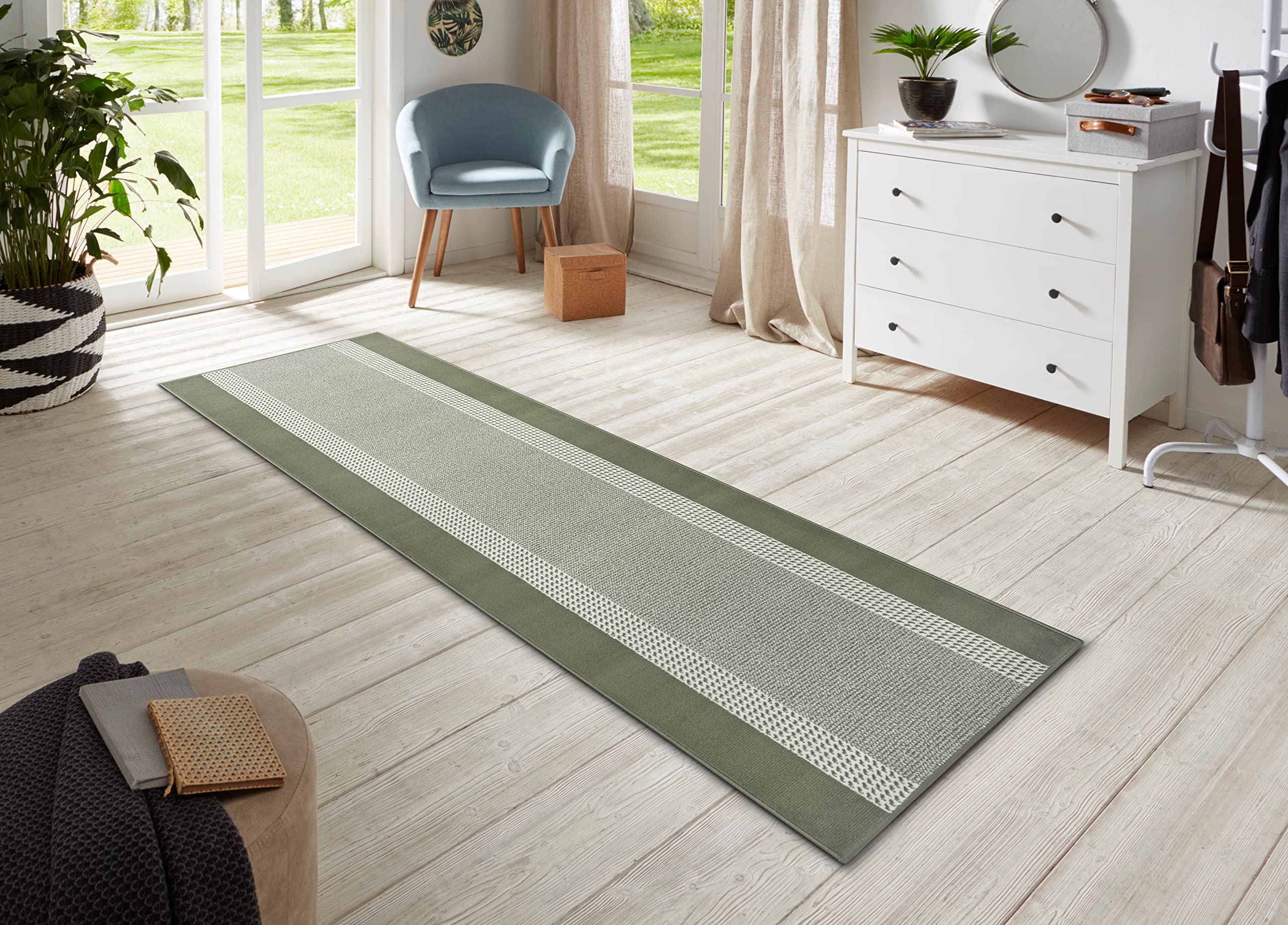 The Rugs Unisex Green Designer Velours Band Rug And Runner Polypropylene Velours Pile Rug In 80Cm X 300Cm