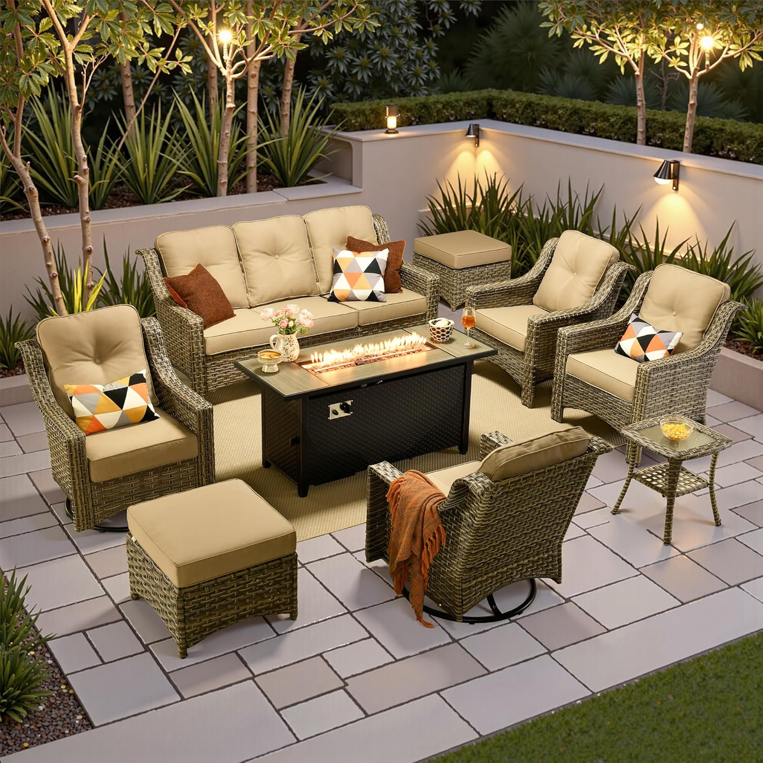 9 PCS Outdoor Patio Furniture Sets,Patio Conversation Sets Outside Rattan Soft Cushion Sofa with 2 Wicker Rocking Chairs & 54 in Fire Pit Table Fit Backyard Porch Garden Poolside Balcony,Beige