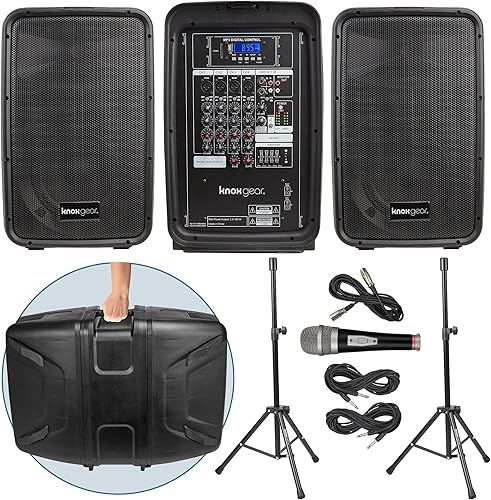 Miniatura 9 de Knox - Juego de altavoces y mezcladores duales sistema de PA portátil de 8 pulgadas de 300 vatios con micrófono y soportes de trípode con cable