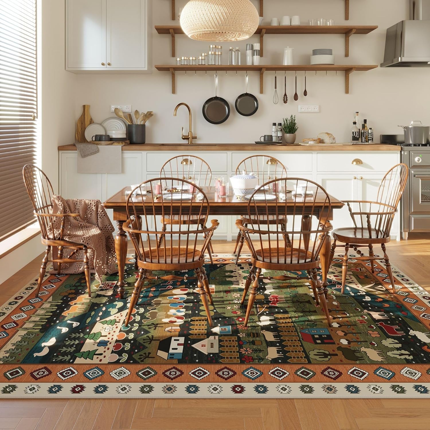 Area Rugs 8x10 for Living Room Clearance Washable Nomadic Rug Non Slip Floral Animal Vintage Low Pile Large Rug for Bedroom, Farmhouse, Dining Room, Kids Playroom, Green