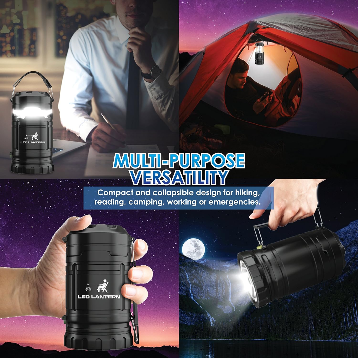 MalloMe 2-in-1 LED Camping Lantern & Flashlight with 12 AA Batteries - Survival Kit Gear for Emergency, Hurricane, Storm, Outage (Black, Collapsible), 4 Pack