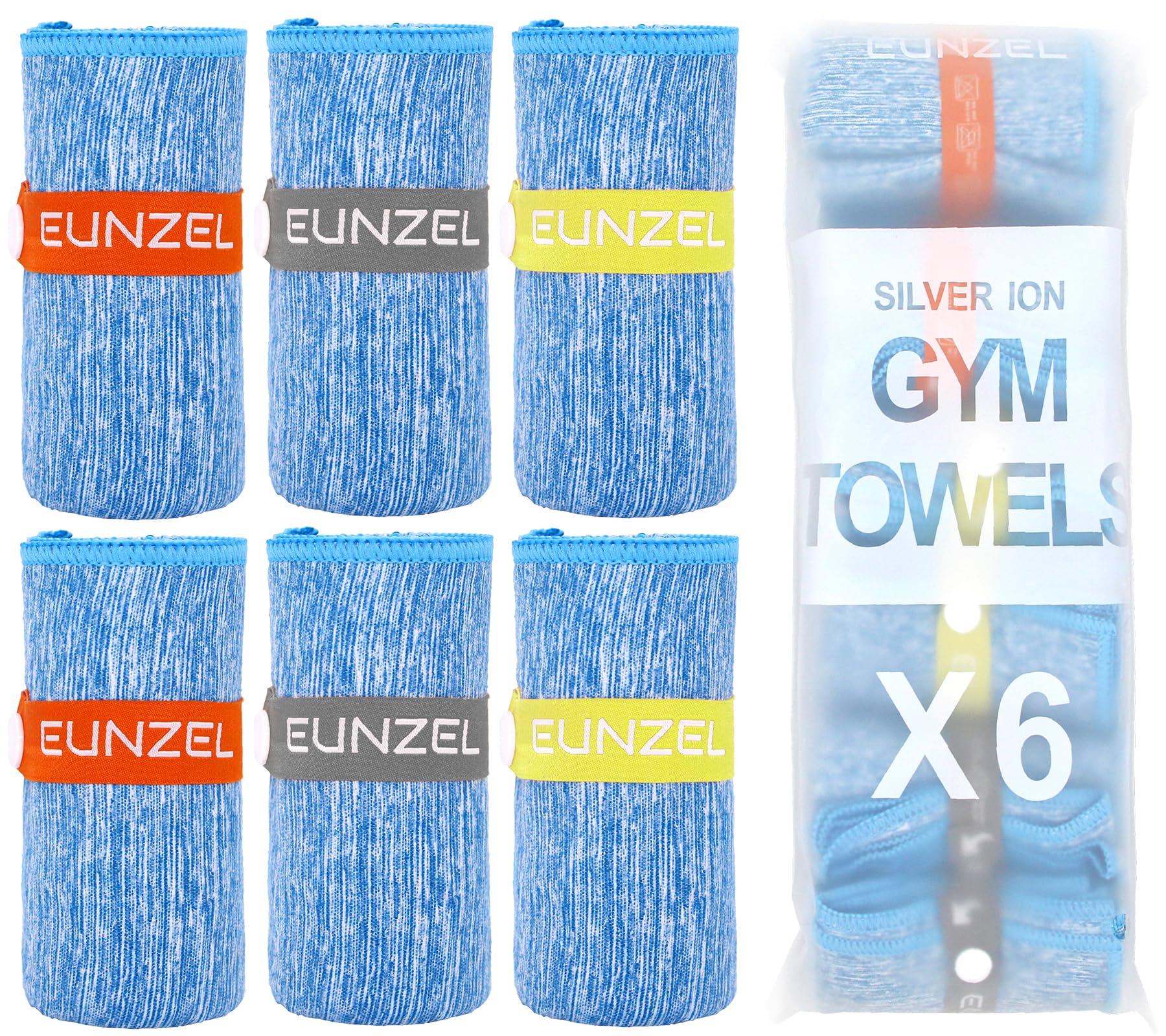 Eunzel 6 Pack Microfiber Gym Towel,Quick Dry Sweat Towel Silver Ion Absorbent Towels for Workout, Sports, Camping, Travel, Exercise& Fitness 31.5"x15.7", Blue