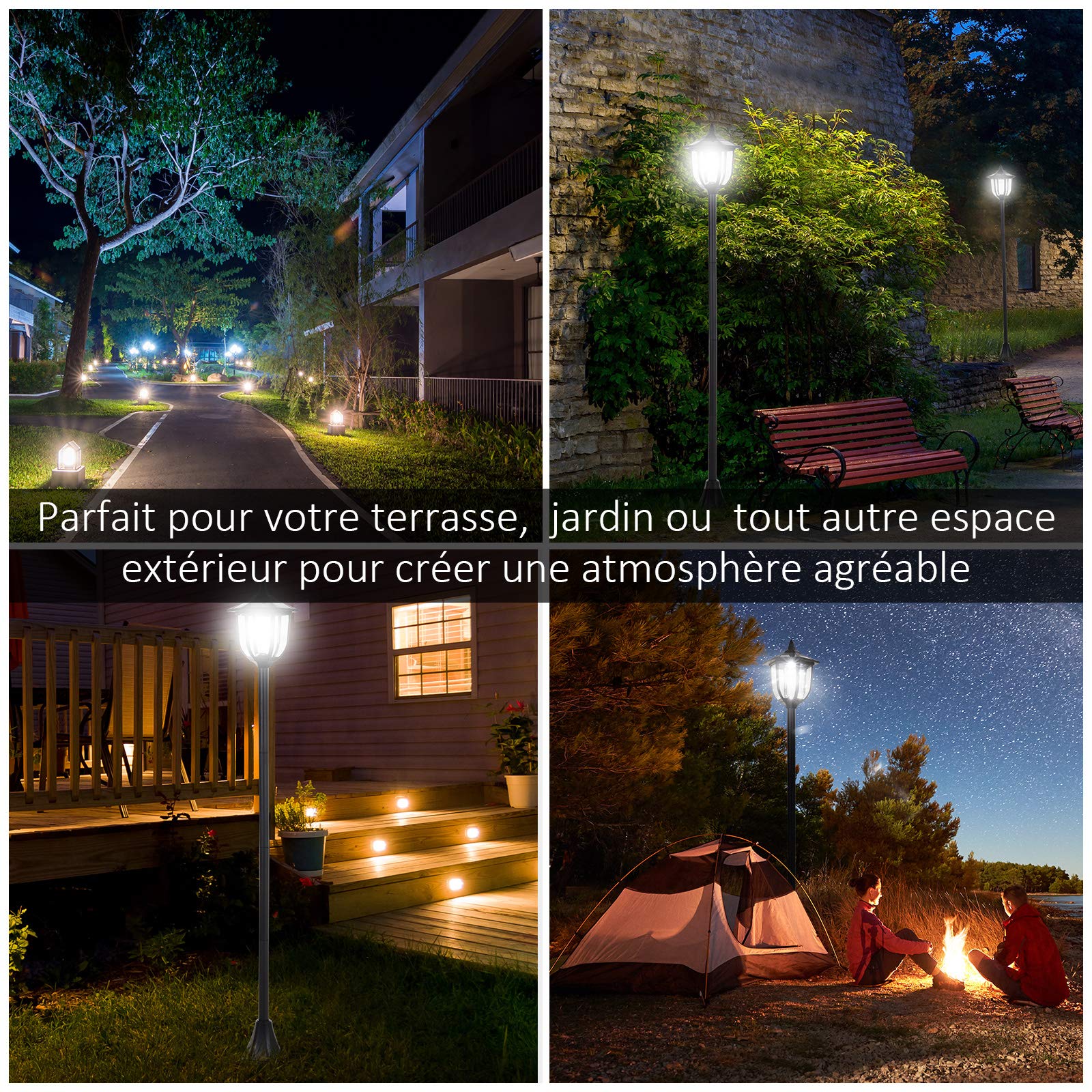 Outsunny Lot de 2 Luminaires Extérieurs Solaires 26L x 26l x 177H cm Noir