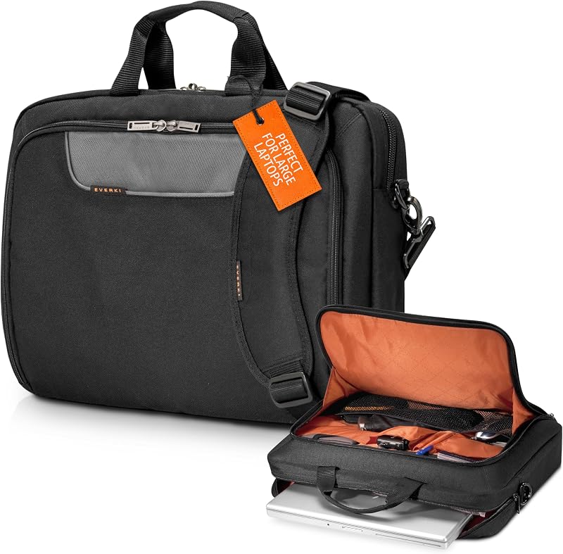EVERKI Advance Maletín para computadora portátil de 18,4 pulgadas - Maletín de negocios para hombres y mujeres, bolsa ideal para computadora portátil para viajes, bolsa para computadora portátil resistente, estuche de transporte tipo mensajero para computadora portátil, (EKB407NCH18) negro | Poliéster, Construcción duradera y resistente, Diseño liviano, Compartimentos acolchados, Viajes de negocios y trabajo, Bolsillo de acceso rápido
