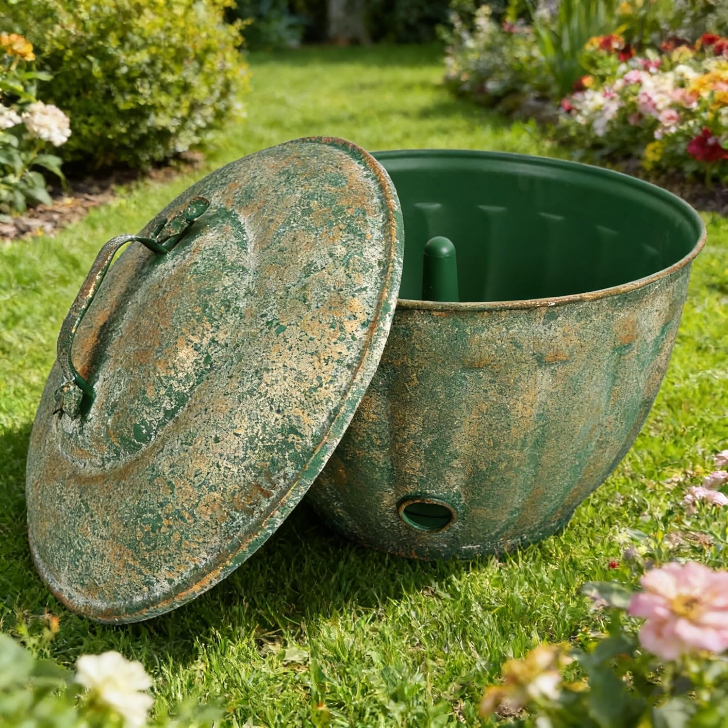 Vintage Green Metal Garden Hose Holder Storage Pot with Lid Handle Rustic Distressed Handmade Decorative Water Hose Container Pot with Drainage for Outside or Indoor Use