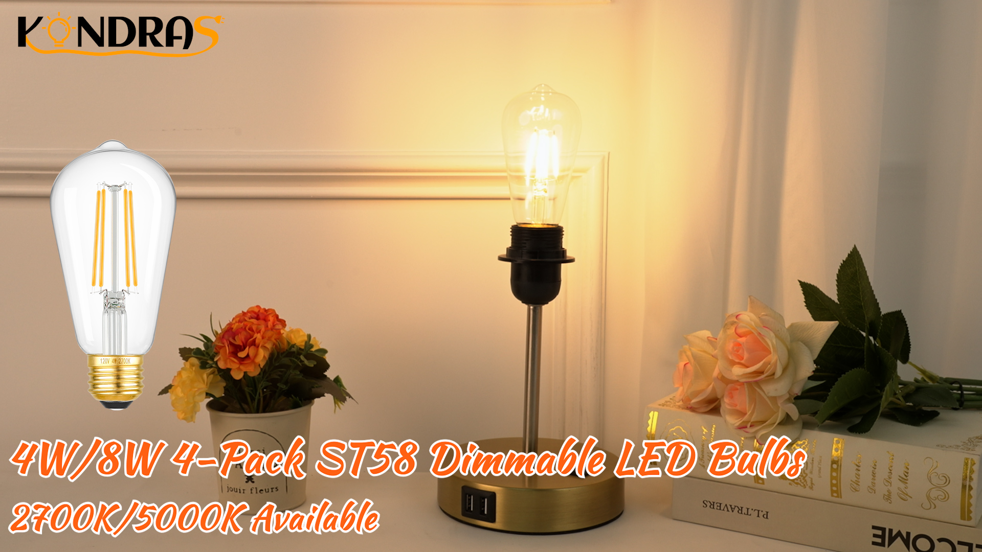 Image of Dimmable Vintage Edison LED Bulbs, 1250Lumens High Brightness Light Bulbs, 8W 100W Incandescent Equivalent Bulbs, ST58 LED Filament Bulbs, E26 Gold Base, CRI90+ 2700K Soft White Edison Bulbs, 4-Pack