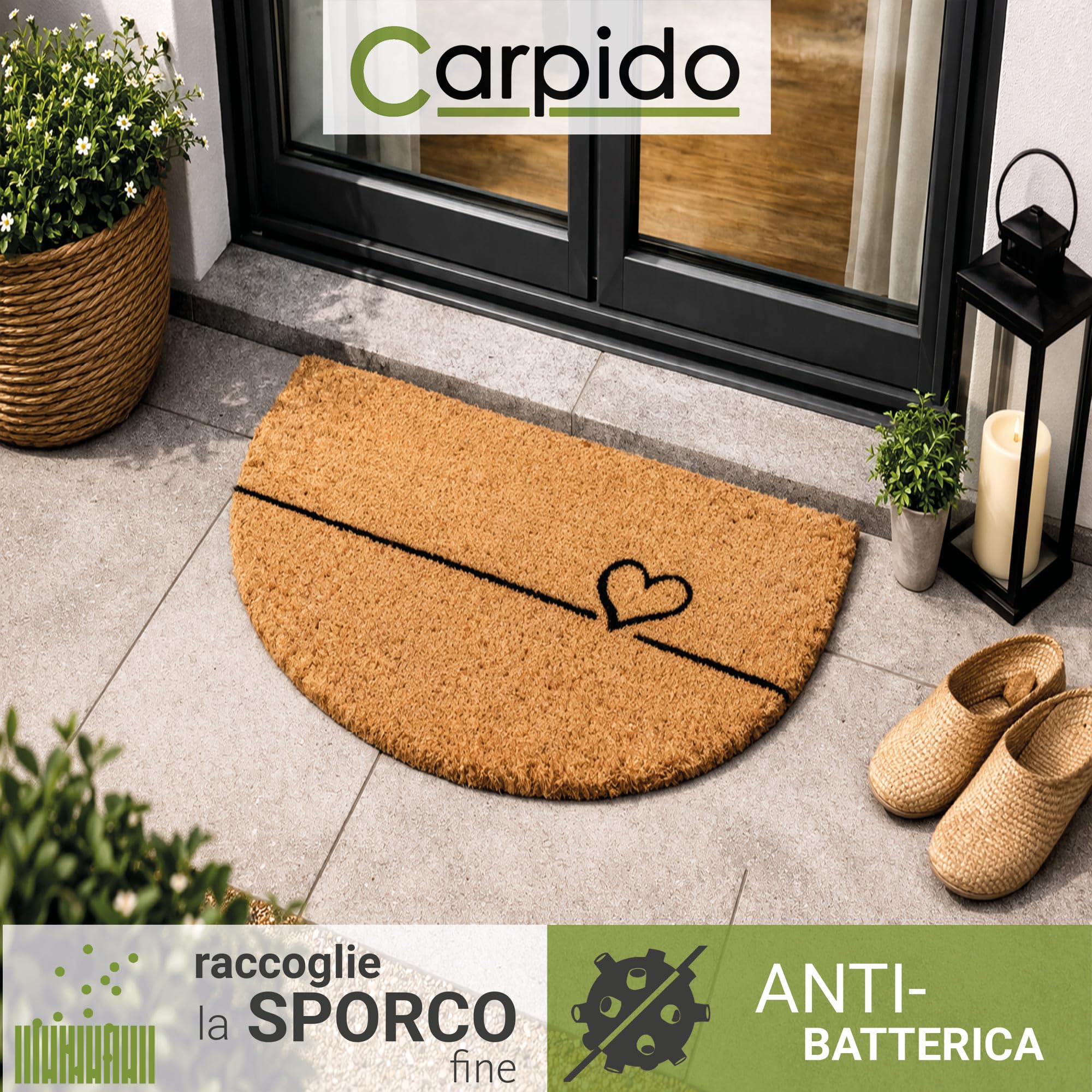 Carpido Zerbino in fibra di cocco a linee semicircolari - clean run 40x60 cm zerbino per porte interne antibatterico in fibra di cocco - materiale naturale