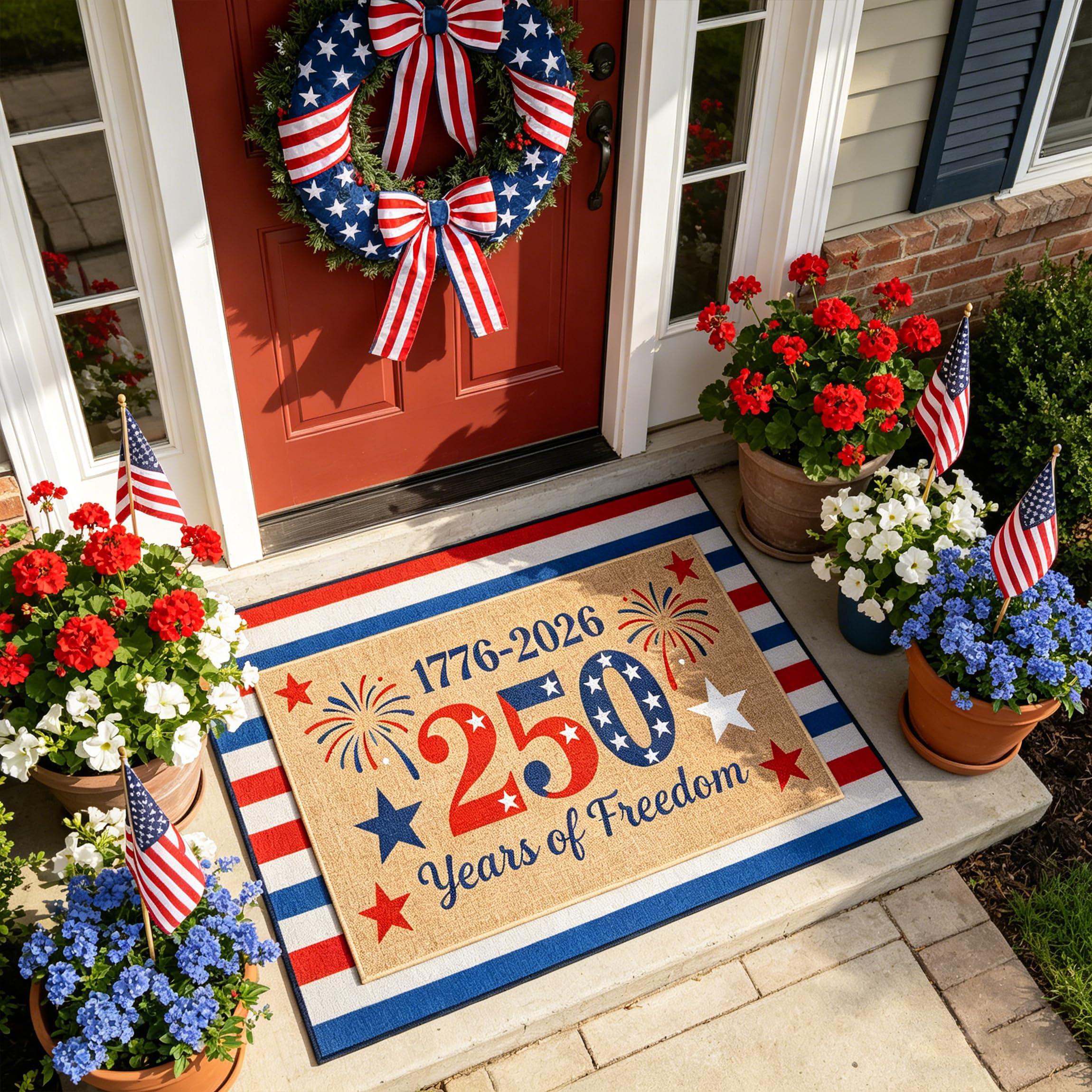 Photo 1 of 2 Pcs Patriotic Door Mat, America 250th Anniversary Layered Welcome Mat with Red White Blue Striped Mat, Non-Slip 4th of July Doormat for Front Porch, Entryway Patio, Independence Day Decor