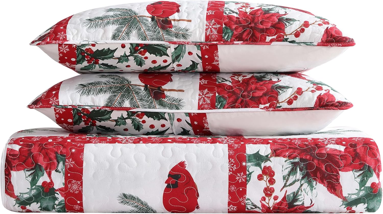 Beatrice Home Fashions Lightweight King Holiday Quilt Bedding Set Mistletoe Patchwork, Holly, Poinsettia, Red, Green, White