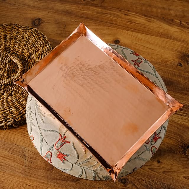 BabilaHome - Handmade Decorative Copper Serving Tray | 32cm X 22 cm | By Turkish Artisans and Designers | Decorative Storage Organizer Tray for Jewelry, Makeup, Toiletries, Kitchen Tableware