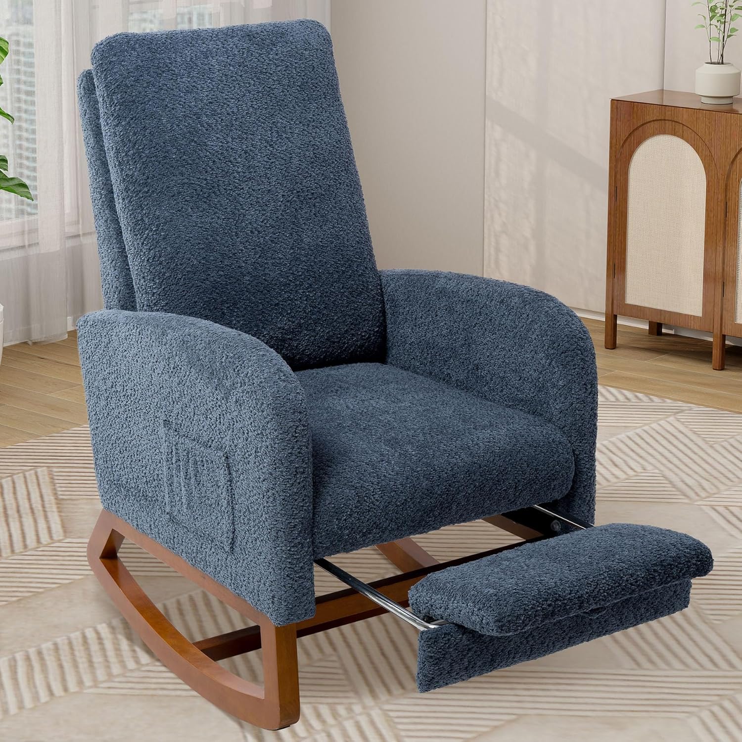 Boucle Rocking Chair Nursery, Cozy Glider Rocking Chair with Retractable Footrest for Living Room Bedroom Nursery Indoor, High Back, Rubber Wood Base, Side Pockets (Navy Blue)