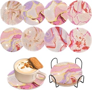 8 pcs Diamond Painting Coasters | Diamond Art Coasters | Pink Marble Ocean Diamond Art Painting | Perfect Art Craft Gift for Tarot Lover, Dad, Mom, Grandparents, Brother, Sister. (Pink Marble Ocean)