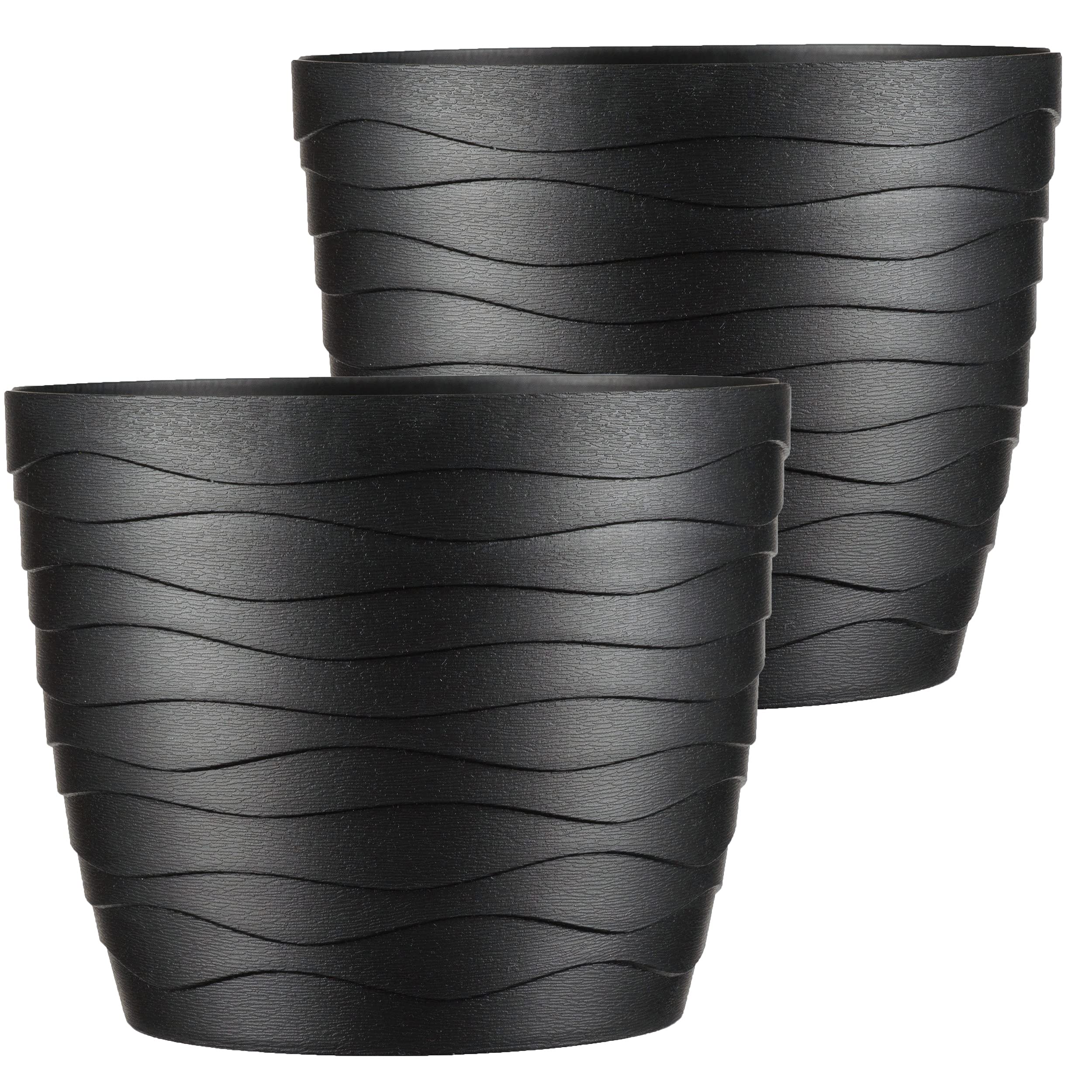 Maceteros De Plástico Ligero Tymar - Pack De 2, Forma Redonda Con Diseño 3D Ondulado, 17 Cm - Negro
