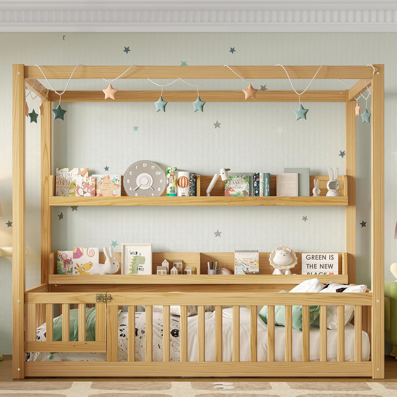 GOWE Twin Size Canopy Bed with Guardrails, Solid Wood Floor Bed with Shelves, Montessori Floor Bed Frame for Kids, Boys, Girls, No Spring Box Needed, Natural