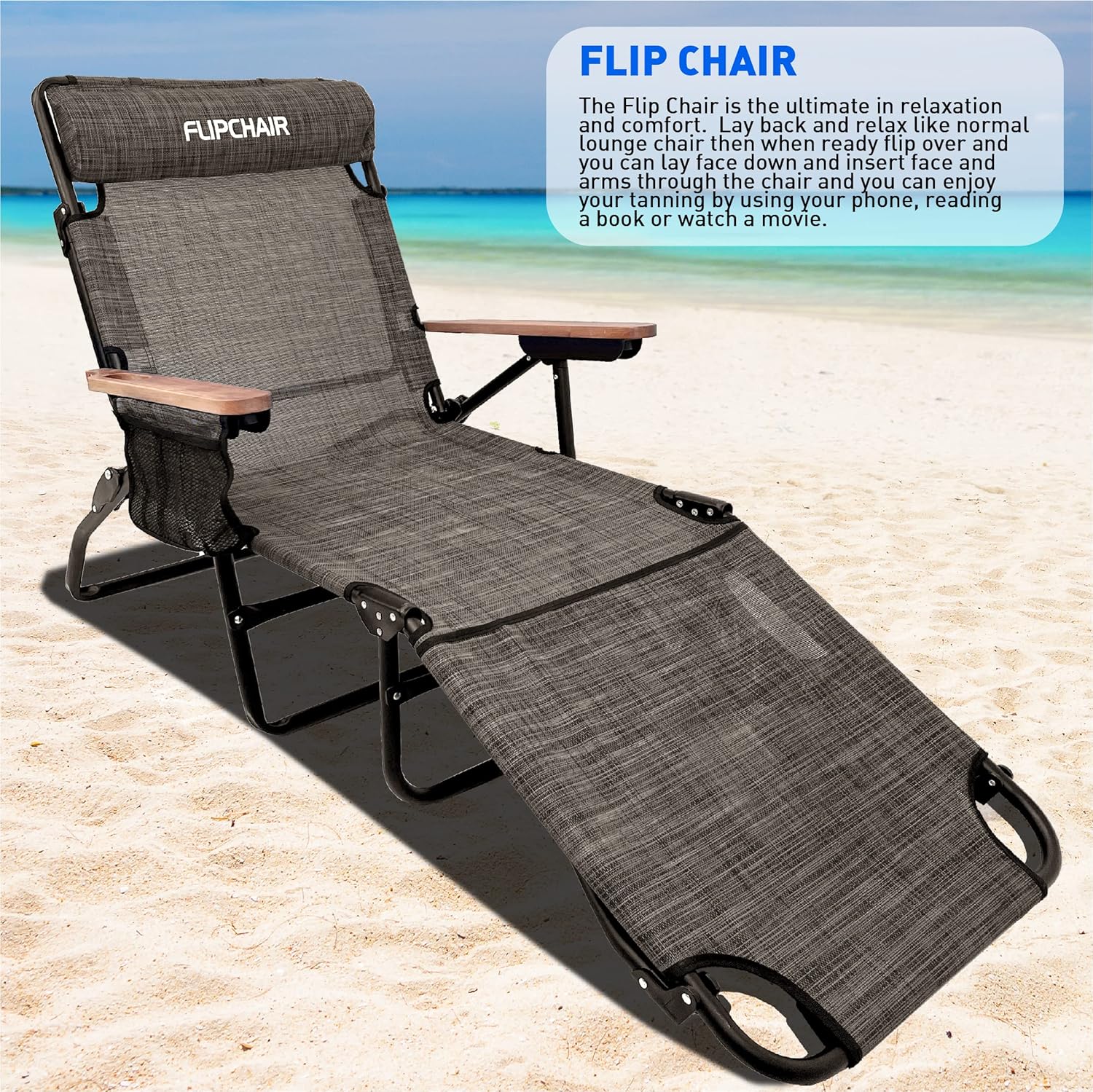 EasyGo Product FLIP Face Down Tanning Chaise Lounge Chair with Face & Arm Holes - 4 Legs Support - Textilene Material - 6 Position - Arm Head Rest Pillow - Beach or Home Use - PATENTS Pending, Brown