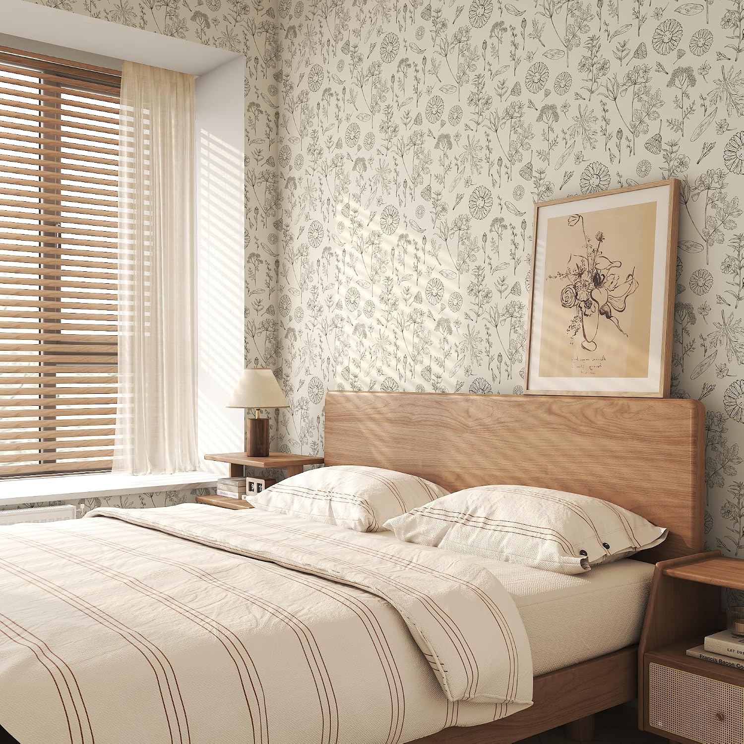 PeonyQueen Beige Floral Wallpaper Peel and Stick Wallpaper 17.3"x393" Boho Contact Paper for Cabinets Self Adhesive Wall Paper for Bedroom Removable Waterproof Beige and Brown Flower Leaf Wallpapers