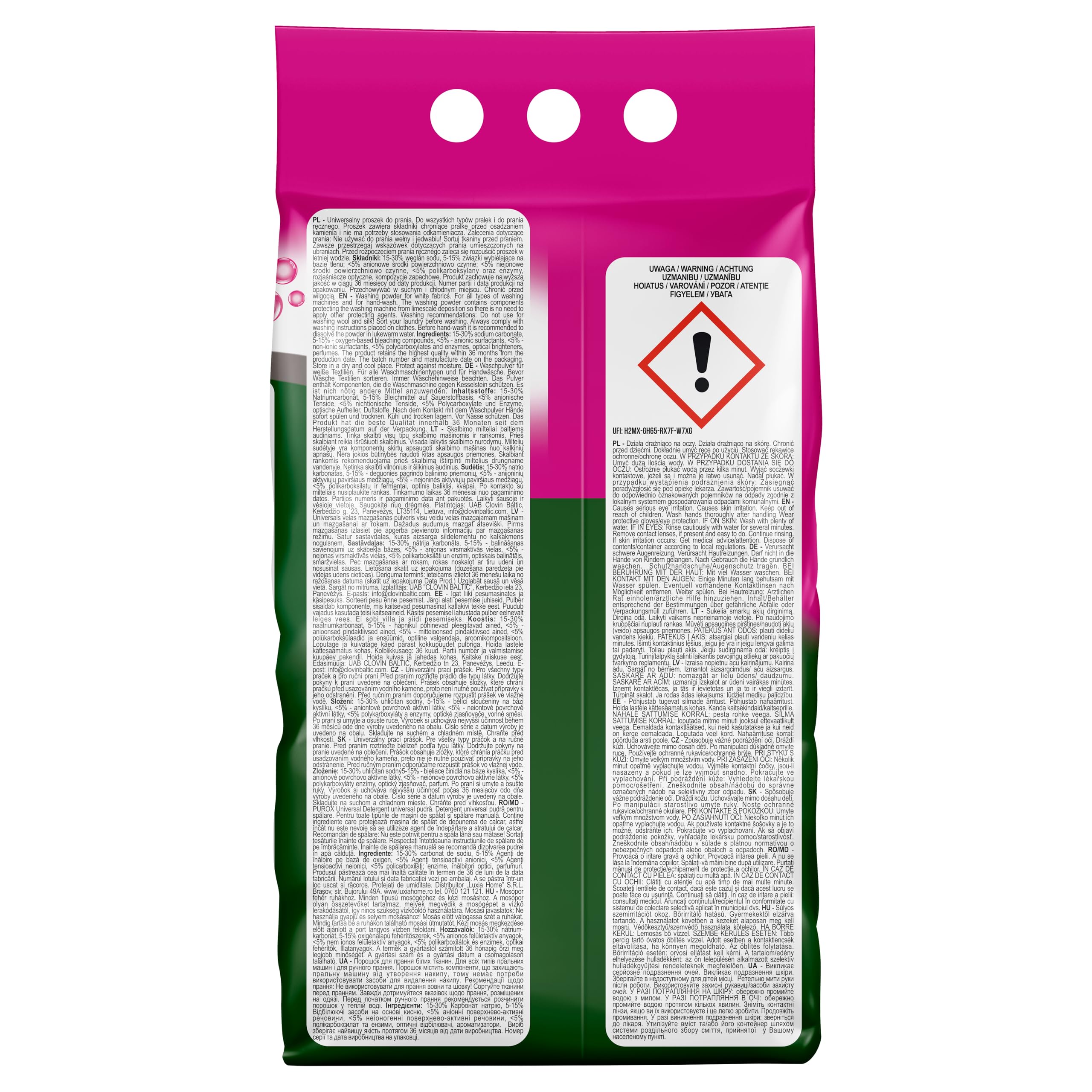 Purox OXY Power Detersivo universale in polvere in sacchetto di alluminio, detersivo potente, detersivo per tutti i tessuti, rimuove le macchie, ecologico, protegge dal calcare, 10,5 kg
