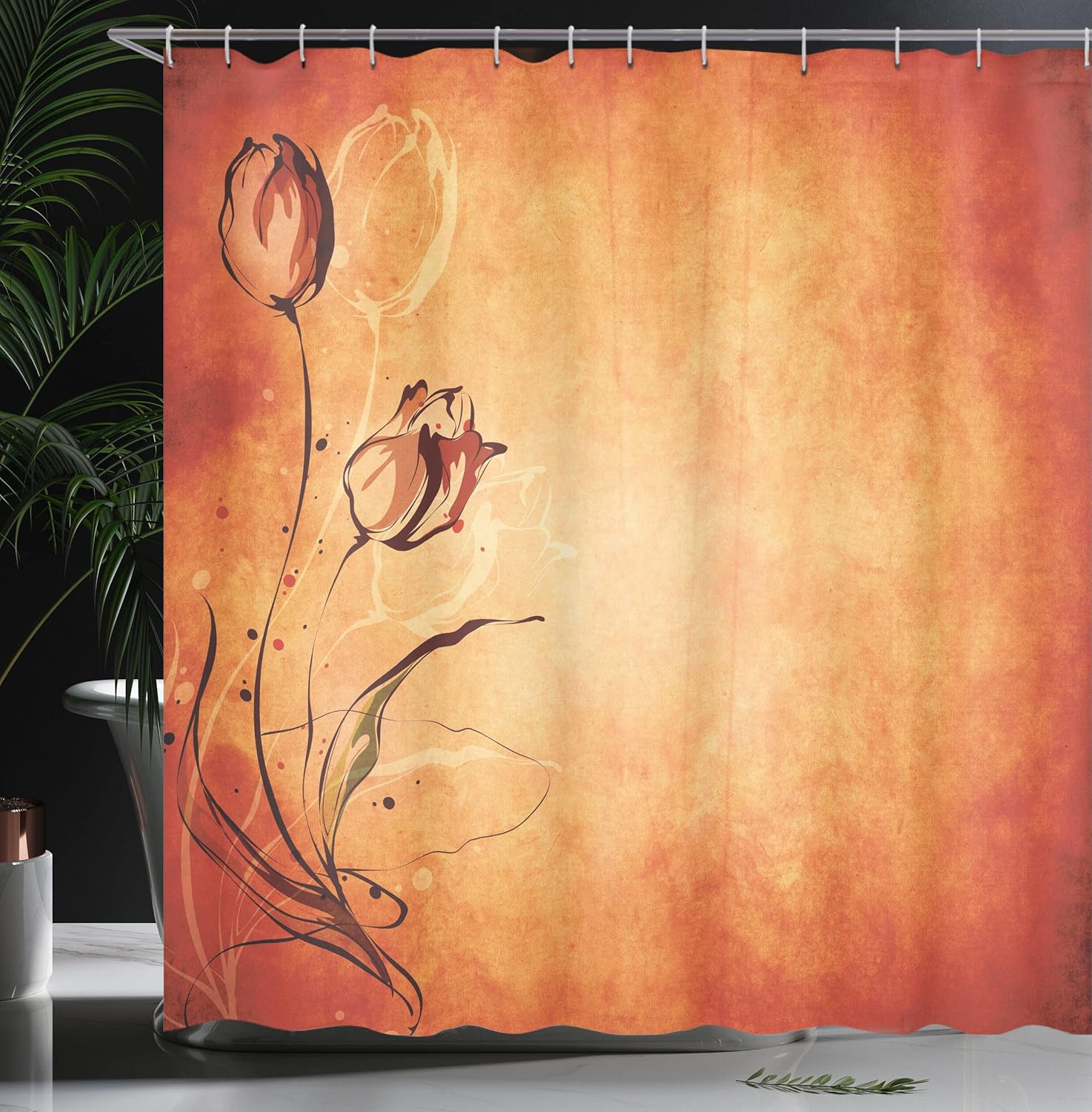 Ambesonne Antique Shower Curtain, Vintage Aged Background The Silhouette of Rose Bloom Digital Image, Cloth Fabric Bathroom Decor Set with Hooks, 69" W x 75" L, Orange Mustard Maroon