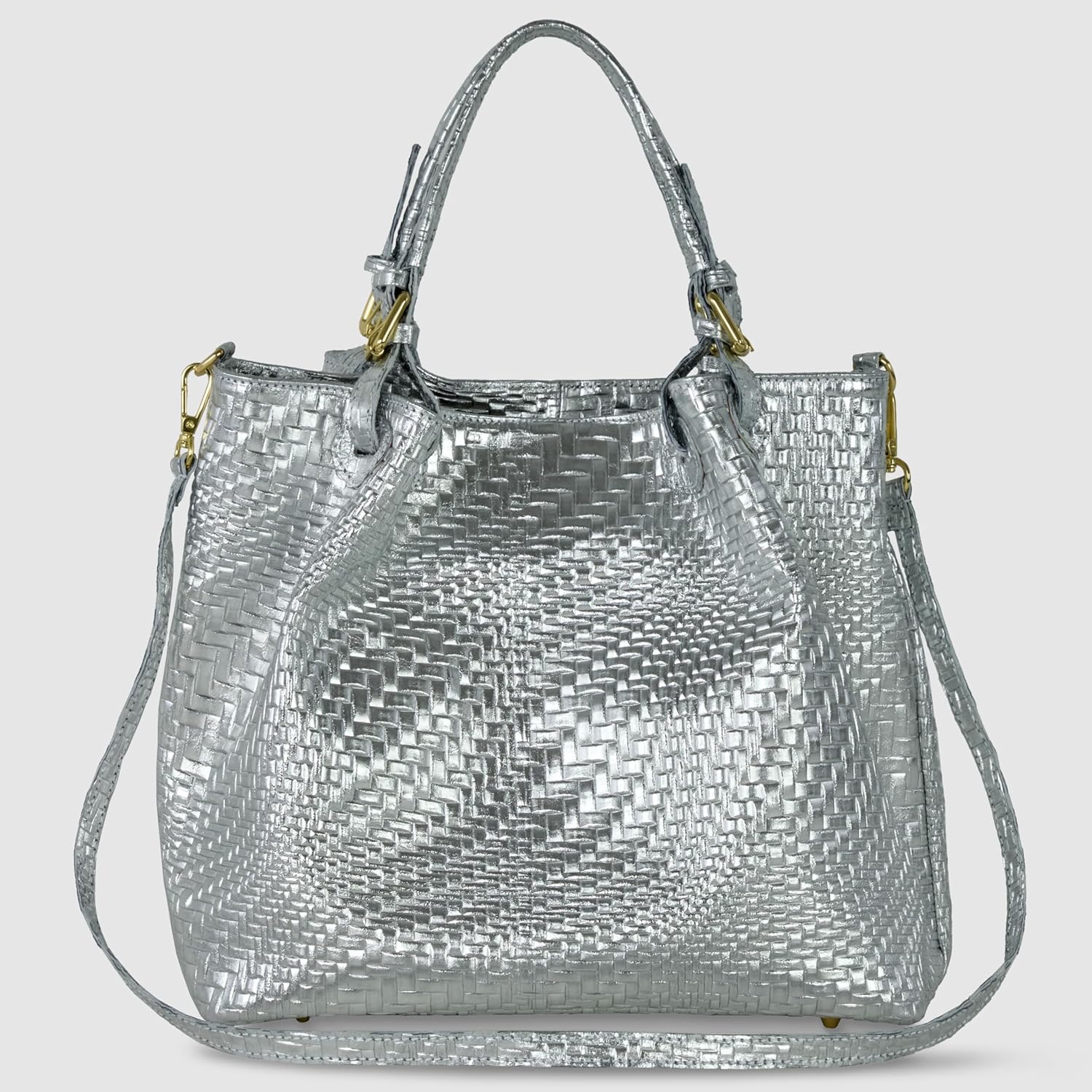 Italian Genuine Suede Top-Handle Bag for Women with Metallic Grid Texture & Removable Strap | Medium Shoulder Handbag