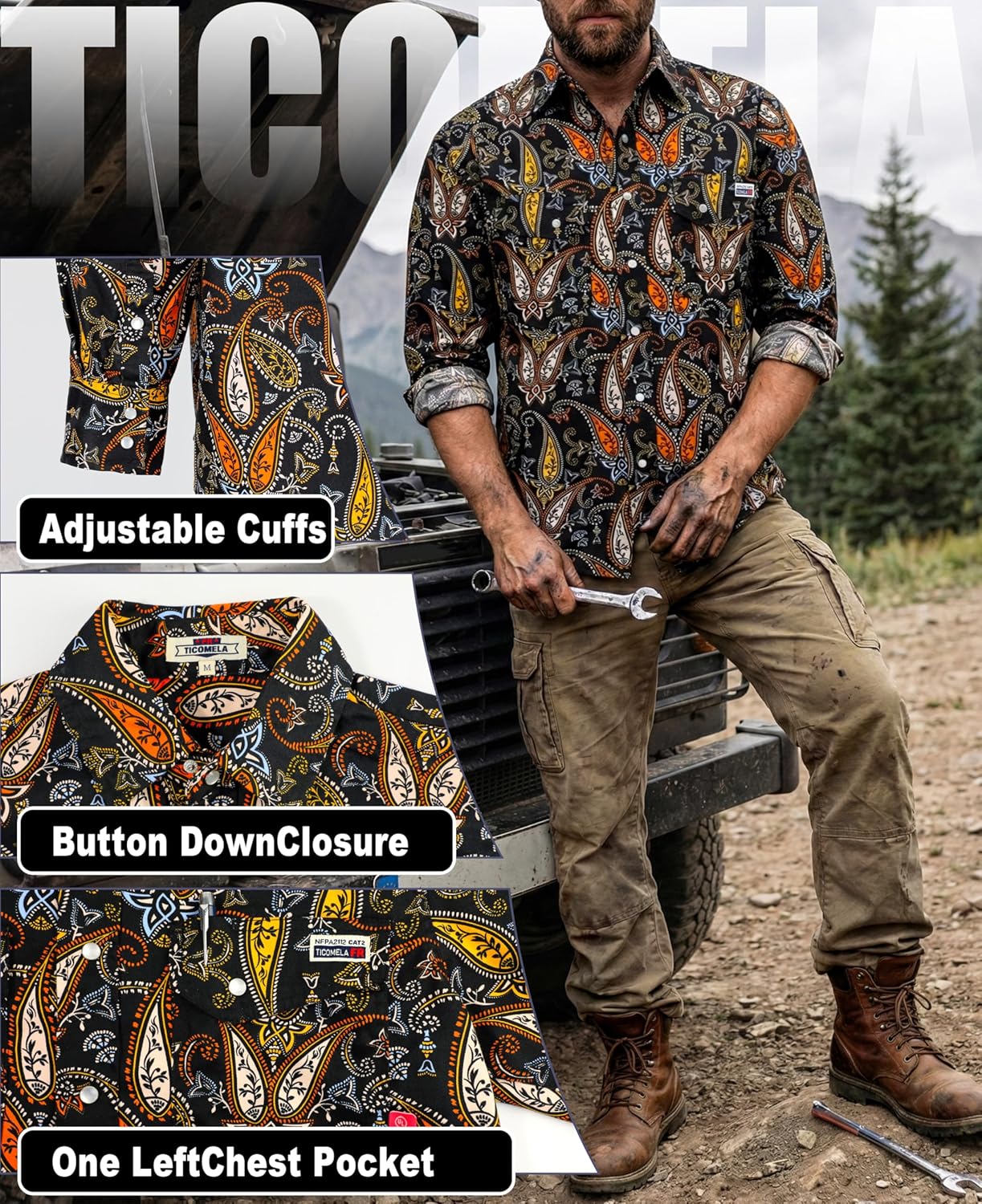 TICOMELA FR Shirt for Men Flame Resistant Shirts 6.5oz Light Weight Plaid Men's Fire Retardant Shirts - Image 2