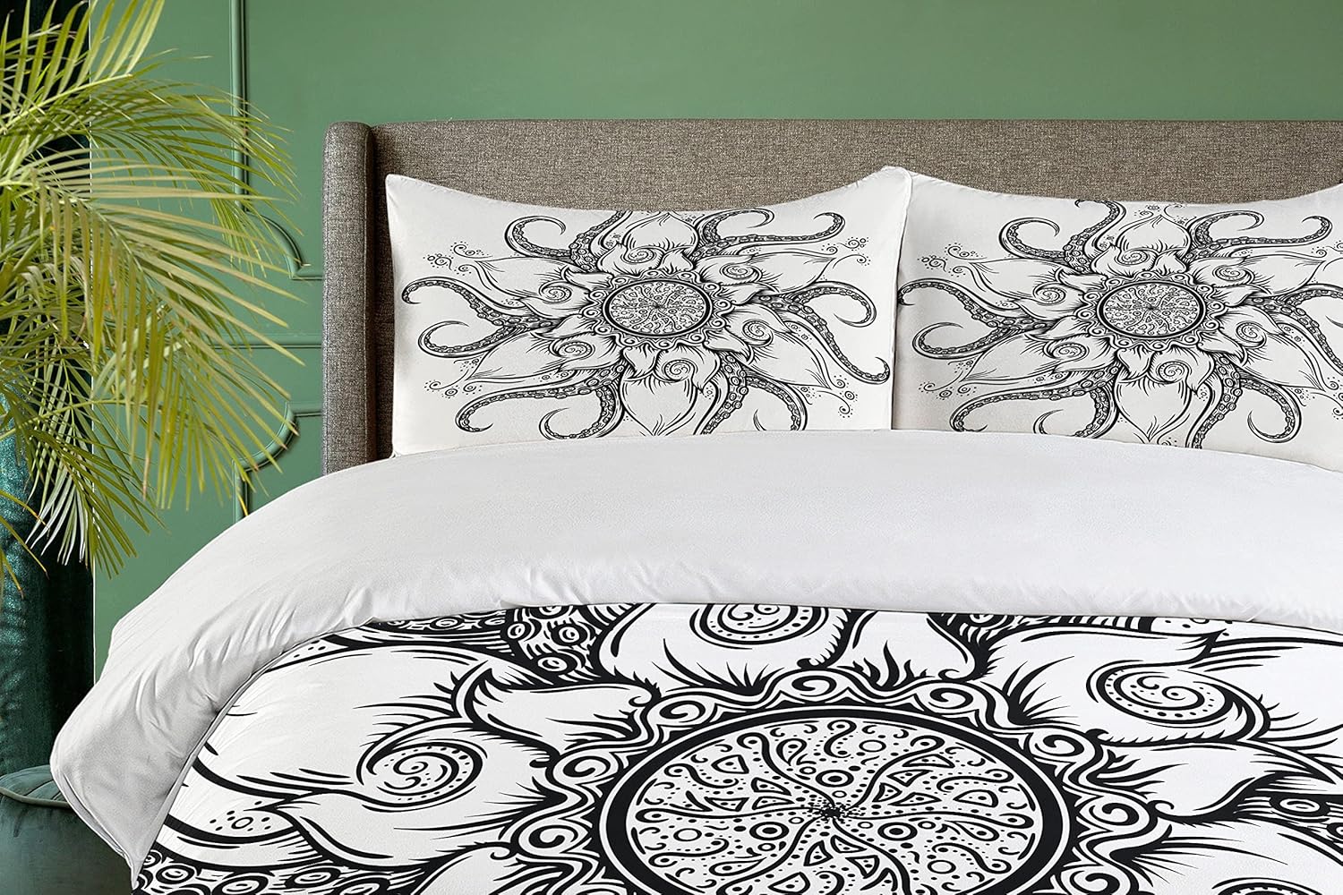 Ambesonne Octopus Duvet Cover Set, Sea Mandala Floral Ocean Animal with Tribal Leaves Hand Drawn Art, Decorative 3 Piece Bedding Set with 2 Pillow Shams, Queen Size, Black King Black
