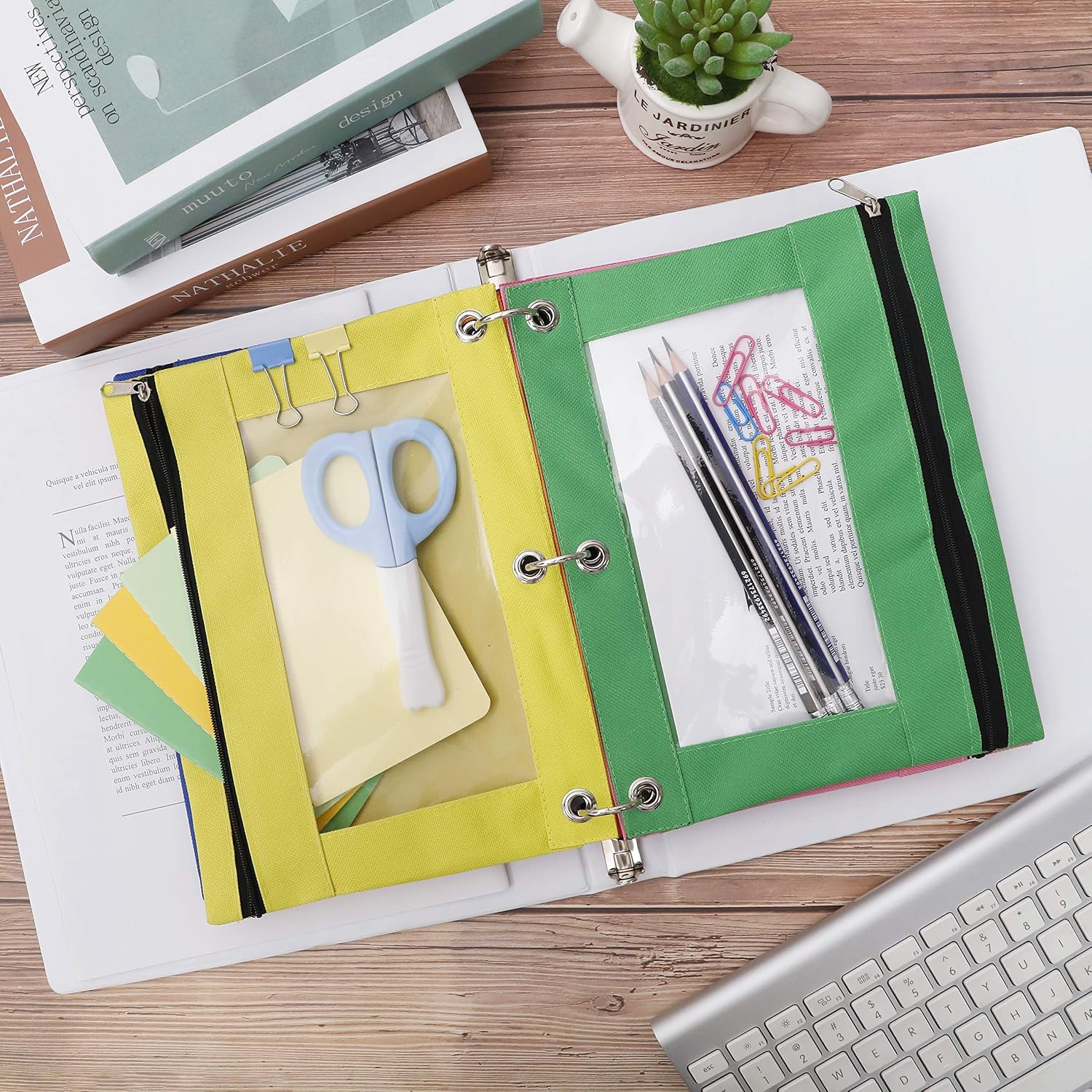 LABUK 7 Pack Zipper Pouches for 3 Ring Binder, 7 Color Binder Pouch with Zipper Pulls and Clear Window for Office Supplies