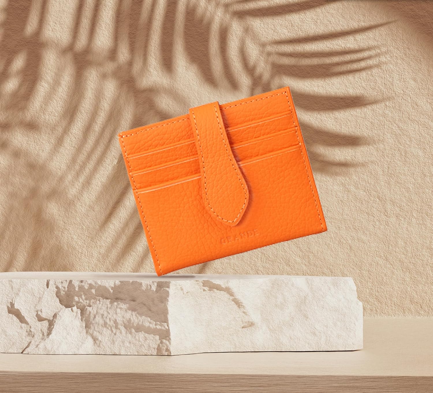 grande 3803 Genuine Leather Card Holder For Women and Men Slim Minimalist Card Case Small Snap Wallet (Orange) - Image 8