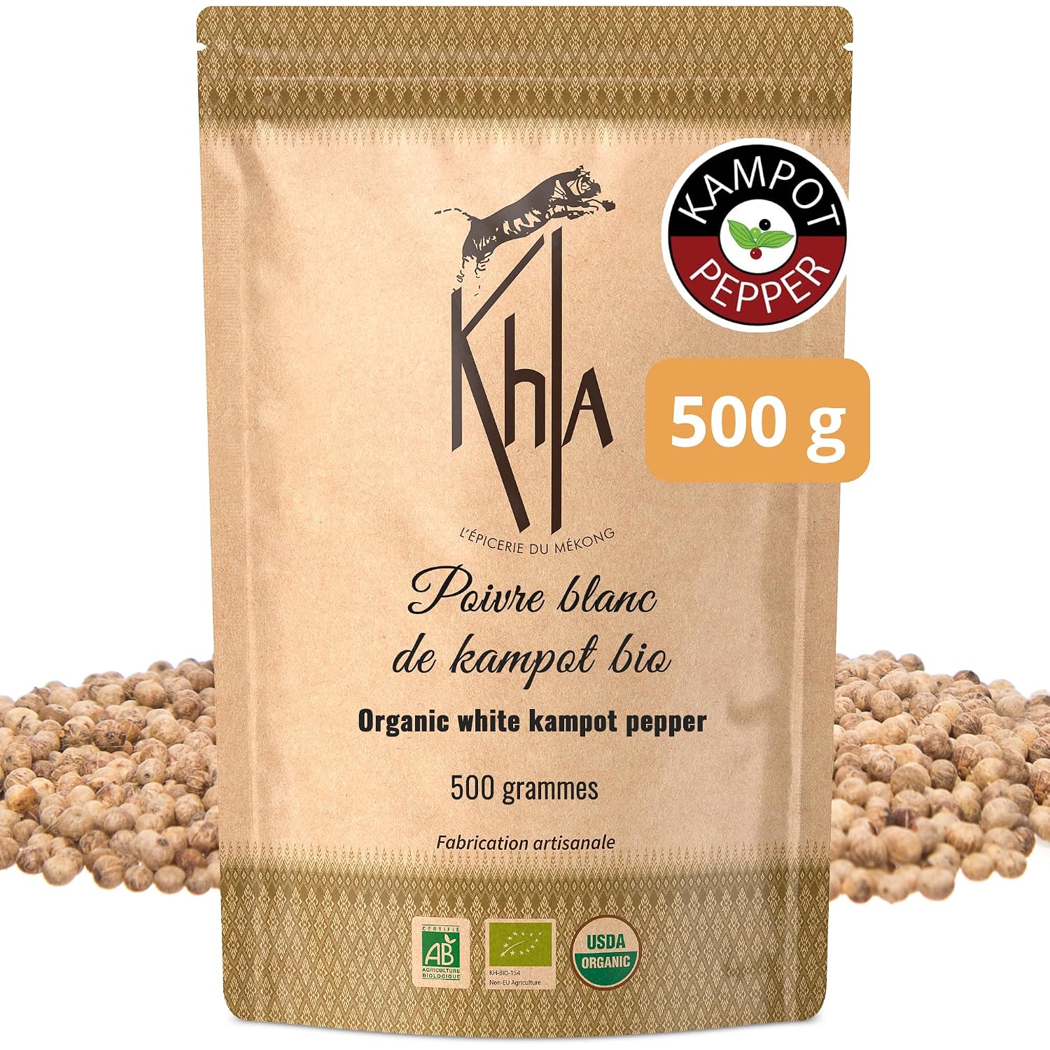 Khla - Kampot Pepper White Organic 500g - White Peppercorns Whole Organic - Grand Cru Strong & Strong - Ingredient Kitchen - Direct from Producer - White Grains Whole for Mill - From Cambodia