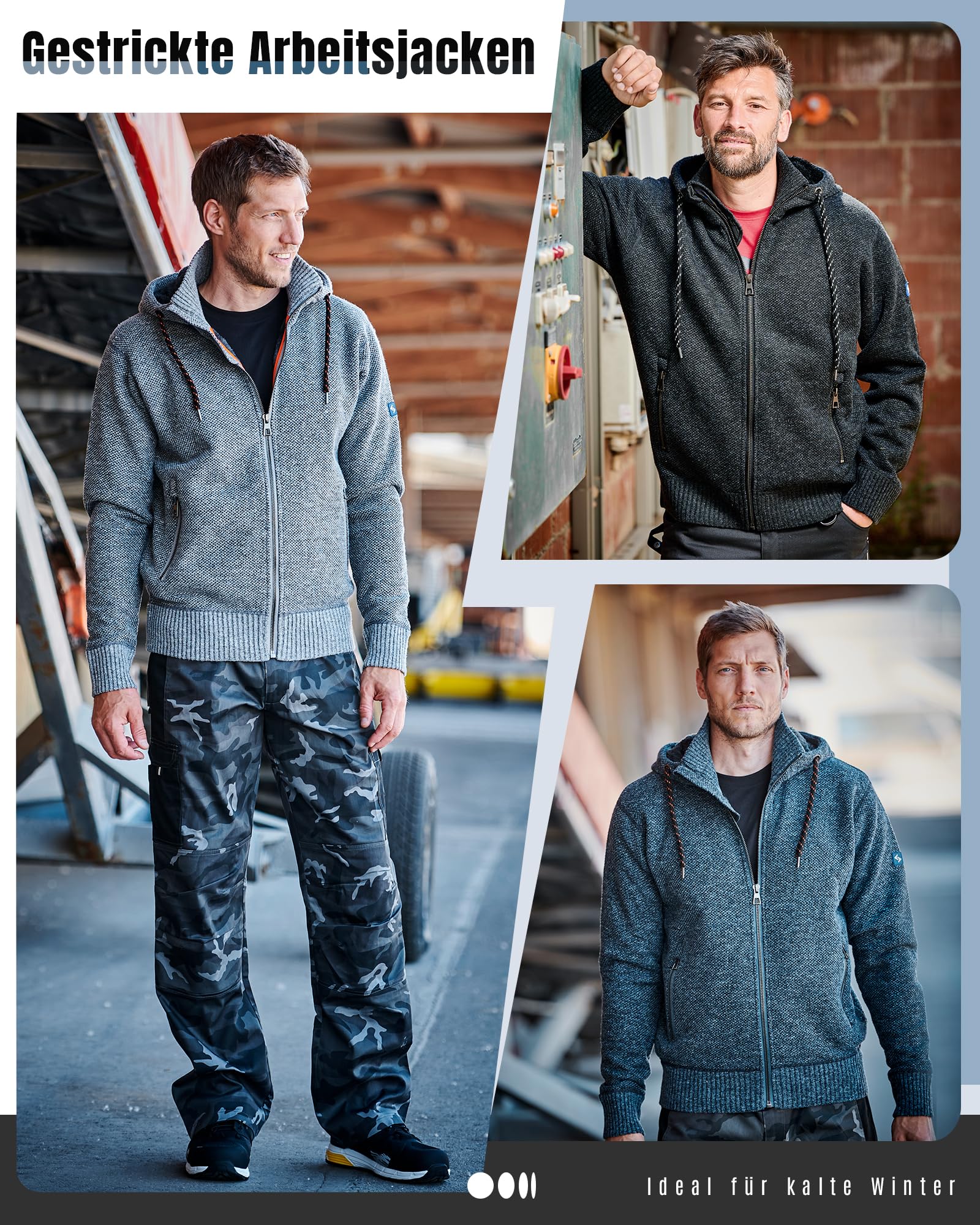Scheibler Arbeitsjacke Herren Winter - gefütterte Arbeitskleidung Männer - Workwear Herren Strickjacke mit Reissverschluss - Strick-Winterarbeitsjacken Herren mit Kapuze