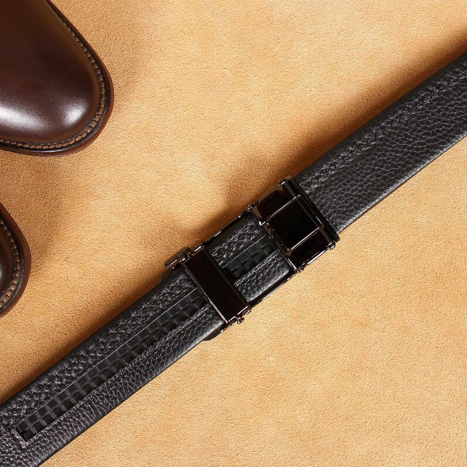 Men's Leather Ratchet Belt 1 3/8" Genuine Leather Automatic Buckle Dress & Casual Trim to Fit
