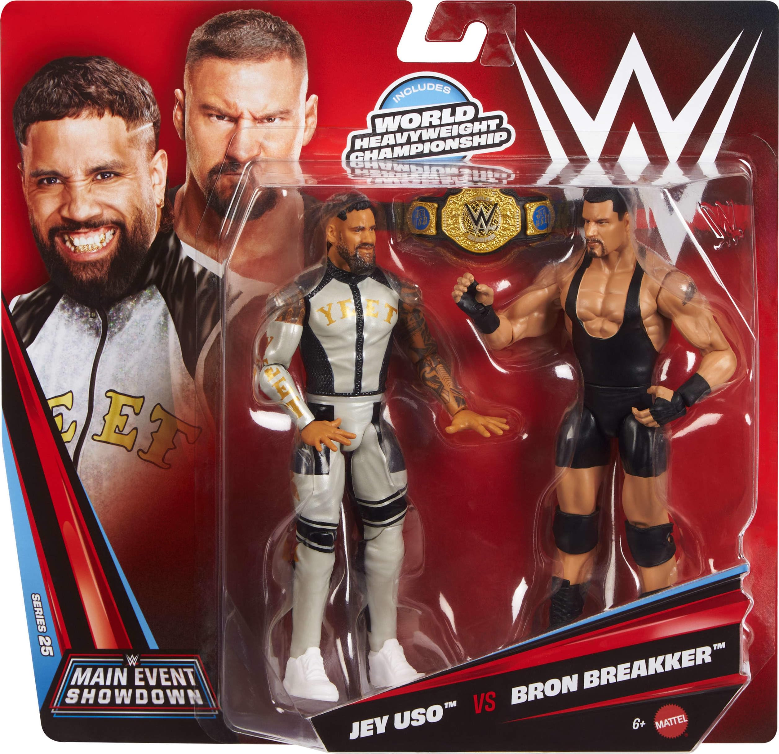 Mattel WWE Hauptkampf Showdown-Actionfiguren im 2er-Pack mit Zubehör, Serie #25 Bron Breakker gegen Jey USO, Sammelfigur-Set, ca. 15 cm groß, JHJ57, [Mehrfarbig]