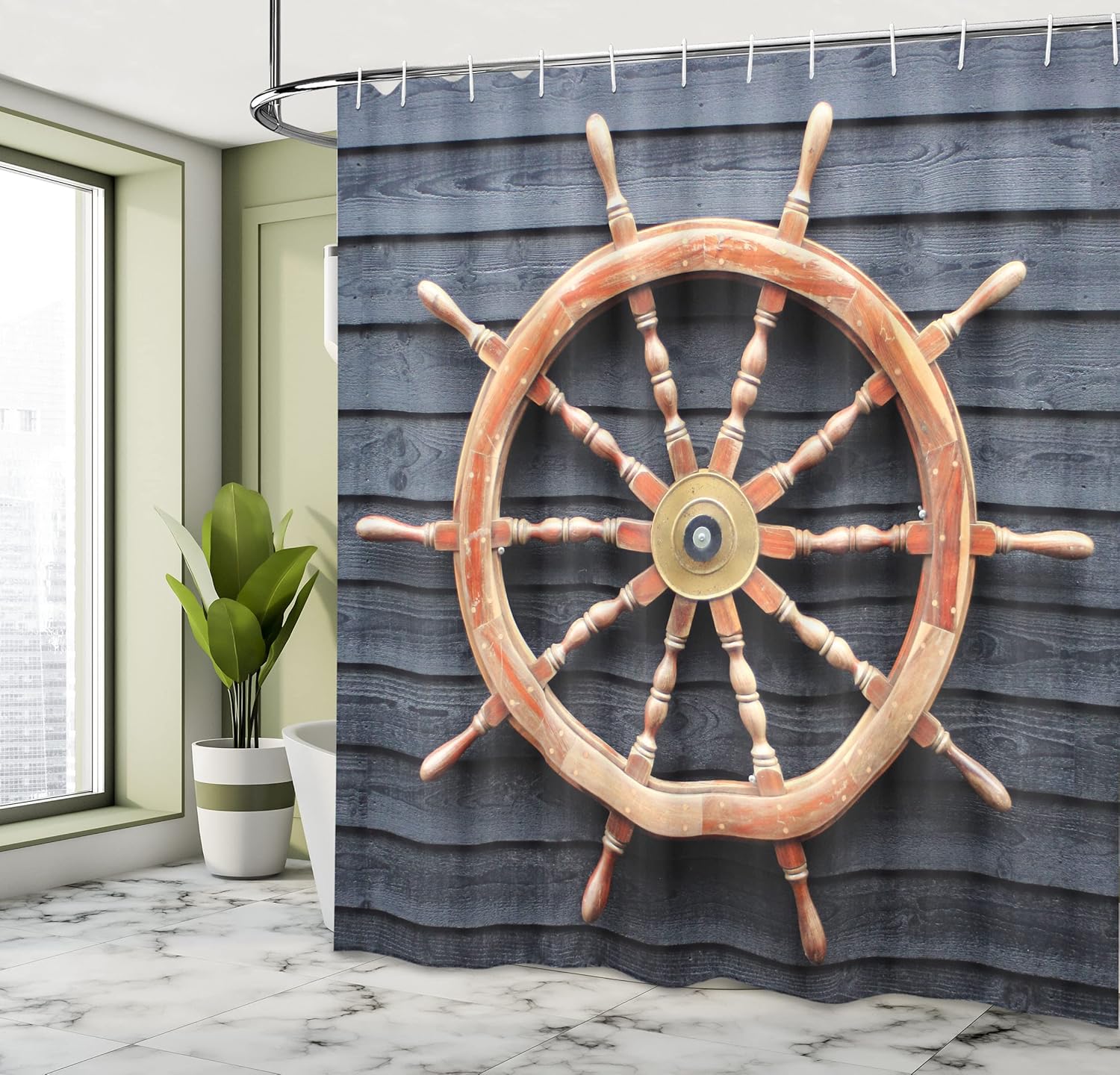 Ambesonne Ships Wheel Shower Curtain, Old Trawler Steering Wheel Hardwood Timber Wall Control Captain, Cloth Fabric Bathroom Decor Set with Hooks, 69" W x 70" L, Grey Brown