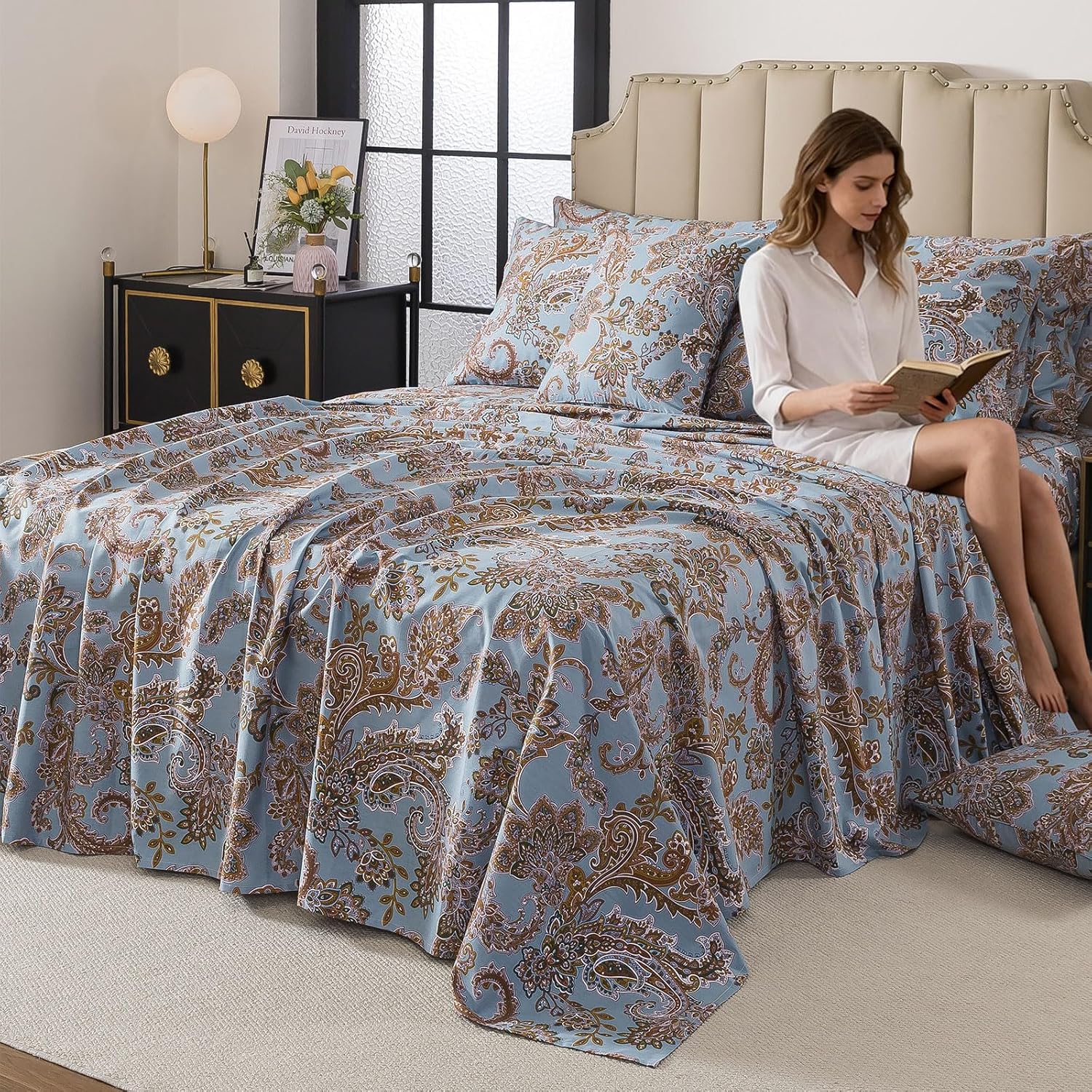 FADFAY King Sheet Set, Vintage Blue Paisley 4-Piece 100% Cotton Bed Sheets, Soft & Breathable Deep Pocket Fitted Sheet, Classic Elegant Style for All Seasons