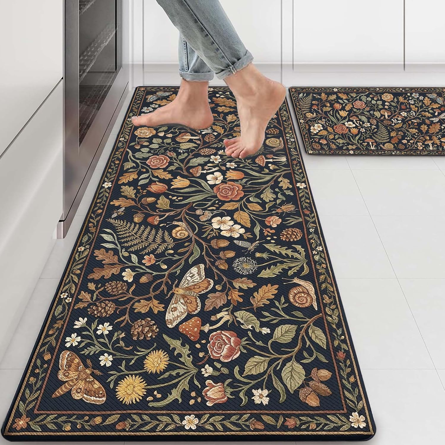 Floral Mushroom Kitchen Mats Set of 2 Anti Fatigue Washable Non-Skid Kitchen Rugs Vintage Dark Plant Butterfly Snail Floor Mat for Sink Laundry Home Decor (Brown 1)