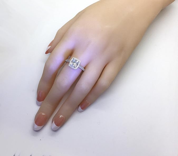 101 Facets Realistic 2 Carat Emerald Rectangular Cushion Halo NSCD Simulated Diamond Ring Double Band Set 925 Silver Platinum Plated